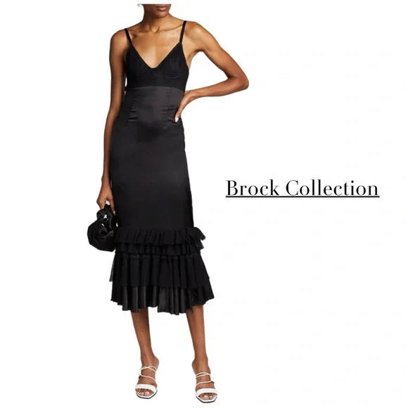 NEW BROCK Quirinale Woven Dress Black Ruffle Midi Dress - Picture 16 of 16